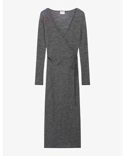 Claudie Pierlot V-neck Long-sleeve Wrap Wool Midi Dress - Gray