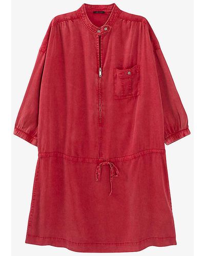 IKKS Stud-neck Woven Denim Mini Dress - Red