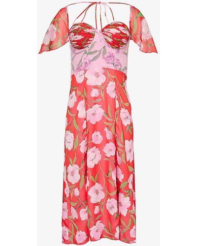ROTATE BIRGER CHRISTENSEN Floral-print Sweetheart-neck Stretch Recycled-polyester Midi Dress - Red