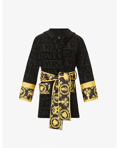 Versace Black And Yellow Logo And Baroque-print Cotton-terry Dressing Gown
