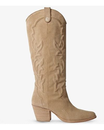 Maje Western-embroidered Block-heel Suede Knee-high Boots - Natural