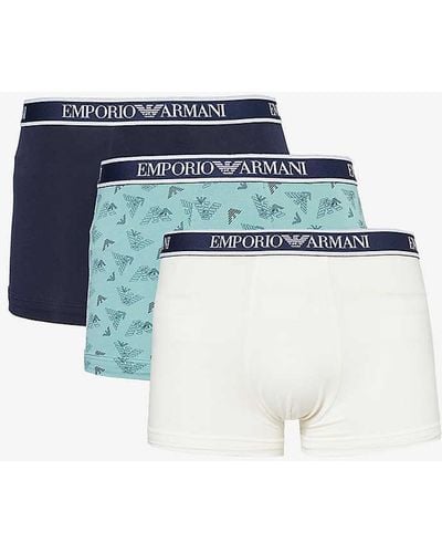 Emporio Armani Branded-waist Pack Of Three Stretch-cotton Trunks X - Blue