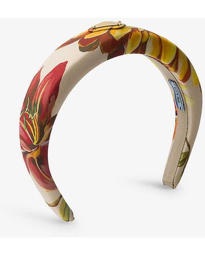 Prada Floral-print Brand-plaque Recycled-polyamide Headband - Metallic