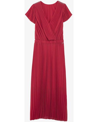 IKKS Wrap-front Pleated Woven Midi Dress - Red