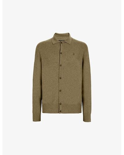AllSaints Kilburn Ramskull-embroidered Wool And Recycled Polyamide-blend Cardigan - Green