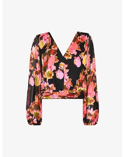 Ro&zo Abstract Floral-print Pintuck-waist Woven Blouse - Red