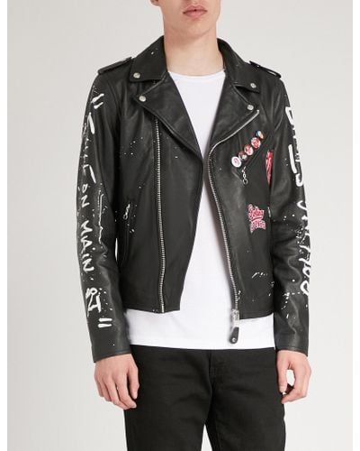 Schott Nyc The Rolling Stones X Printed Painted Leather Biker Jacket - Black