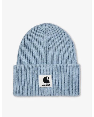 Sacai X Carhartt Wip Brand-patch Ribbed-knit Wool-blend Beanie Hat - Blue