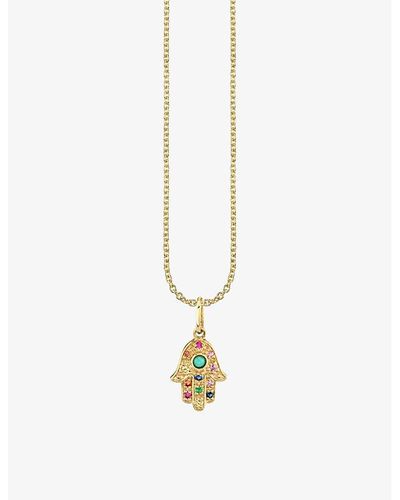 Sydney Evan Rainbow Hamsa 14ct Yellow-gold Sapphire, Ruby, Amethyst, Emerald And Turquoise Pendant Necklace - Metallic