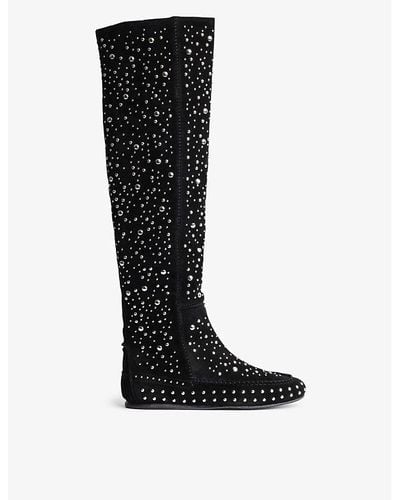 Zadig & Voltaire Santa Studded Suede Knee-high Boots - Black
