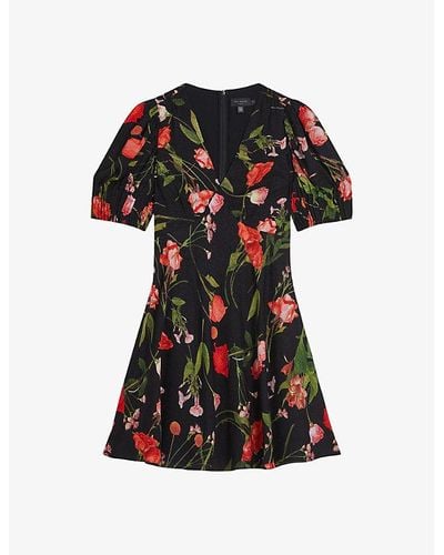 Ted Baker Sienno Puff-sleeve Floral-print Woven Mini Dress - Black