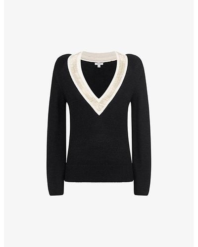 Reiss Courtney Beaded V-neck Woven-blend Sweater - Black