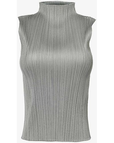 Pleats Please Issey Miyake Basic High-neck Pleated Woven Top - Grey
