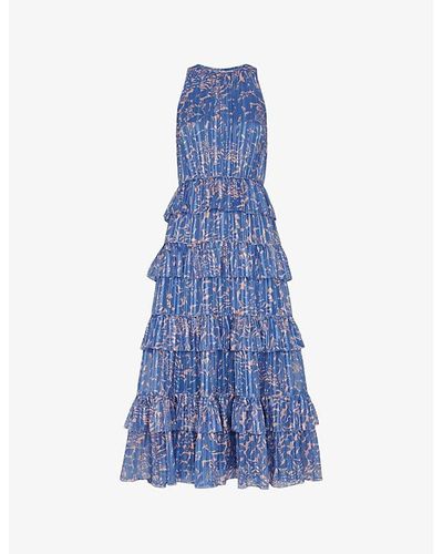 Whistles Paloma Tropical-print Tiered Recycled-polyester Midi Dress - Blue