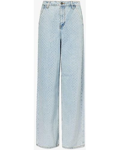 Self-Portrait Wide-leg Mid-rise Crystal-embellished Jeans - Blue