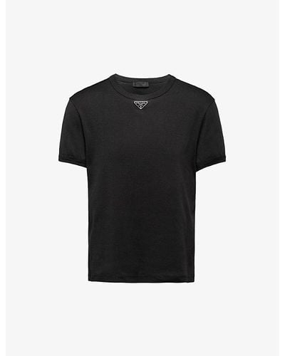 Prada Logo-plaque Crewneck Slim-fit Cotton T-shirt - Black