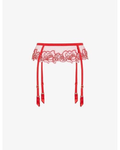 Agent Provocateur Lindie Floral-embroide Mesh Suspender Belt - Red