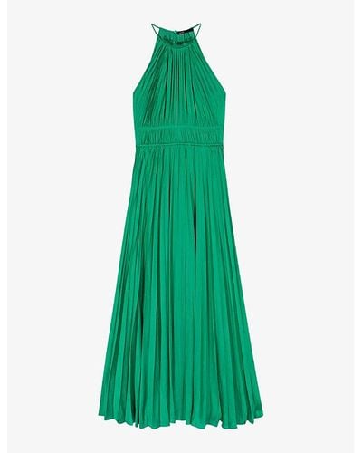 Maje Side-tie High-neck Pleated Satin Maxi Dress - Green