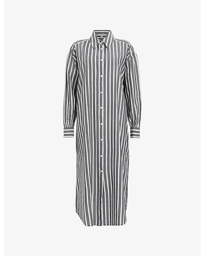 AllSaints Ani Stripe-print Relaxed-fit Organic-cotton Maxi Shirt Dress - Gray