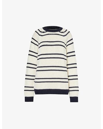 Miu Miu Striped Oversized Cotton And Cashmere-blend Knitted Sweater - White