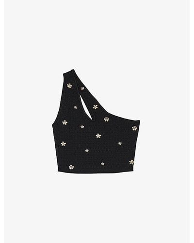 Sandro One-shoulder Cropped Knitted Top - Black