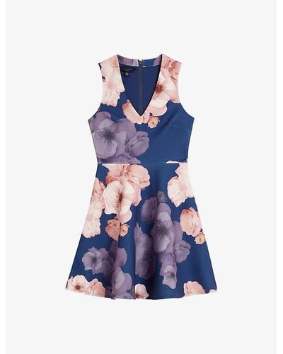 Ted Baker Emleey Floral-print Stretch-woven Mini Dress - Blue