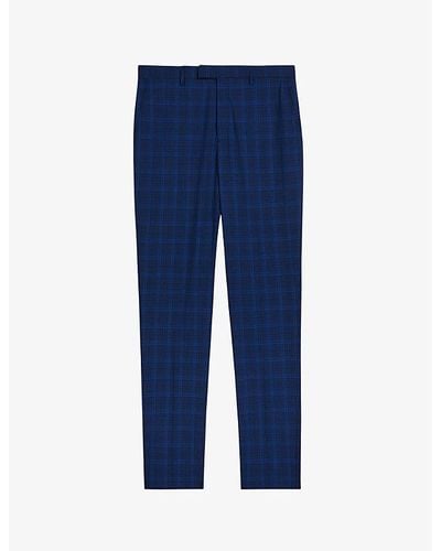 Ted Baker Slim-fit Checked Straight-leg Mid-rise Wool And Silk Pants - Blue