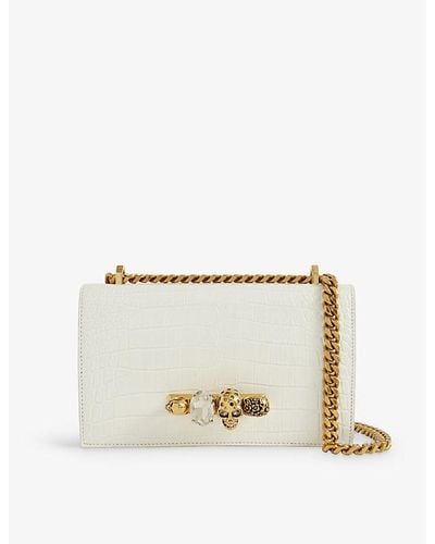 Alexander McQueen Skull And Jewel-embellished Croc-embossed Leather Cross-body Bag - Natural