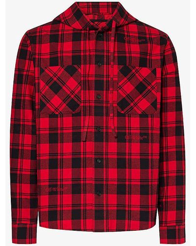 Off-White c/o Virgil Abloh Check Graphic-print Regular-fit Cotton Hooded Shirt - Red