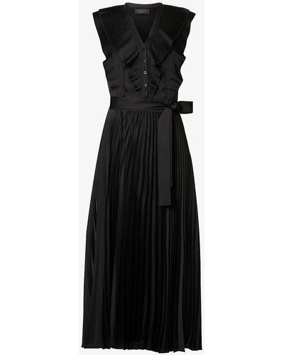 IKKS Pleated-panel Sleeveless Satin Maxi Dress - Black
