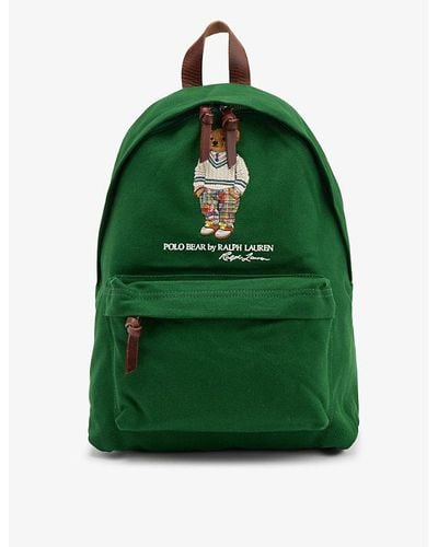 Polo Ralph Lauren Brand And Bear-embroidered Cotton-canvas Backpack - Green