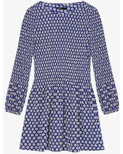 Maje Floral-pattern Flared-skirt Woven Mini Dress - Blue