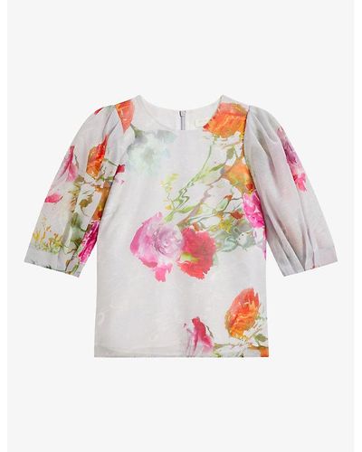 Ted Baker Ayymee Floral-print Puff-sleeved Woven Top - White