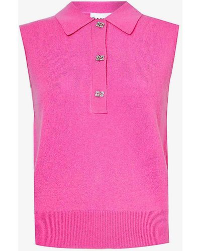Ganni Polo-collar Brushed Wool And Cashmere-blend Vest - Pink