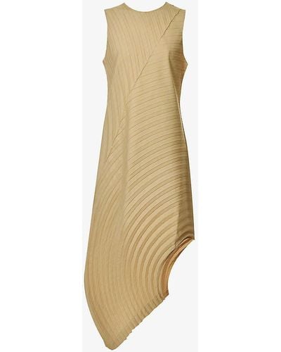 Issey Miyake Pleated Curved-hem Knitted Midi Dress - Natural