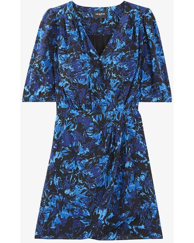 The Kooples Graphic-print V-neck Silk Mini Dress - Blue