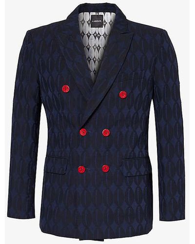 LABRUM LONDON Vy Blue Monogram-print Double-breasted Relaxed-fit Cotton-blend Blazer X