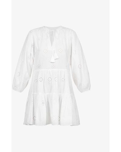 Seafolly Embroidered Puff-sleeves Cotton Mini Dress - White