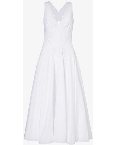 Alaïa V-neck Striped-pattern Cotton Midi Dress - White