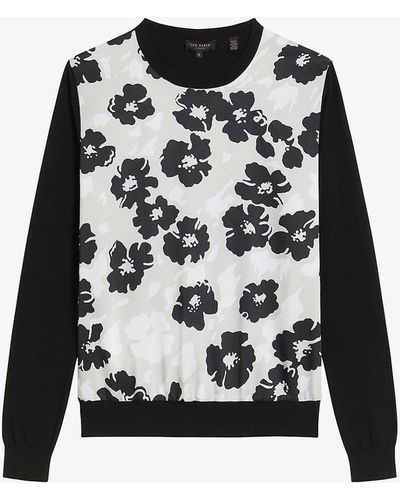 Ted Baker Preeda Floral-print Woven And Cotton-blend Jumper - Black