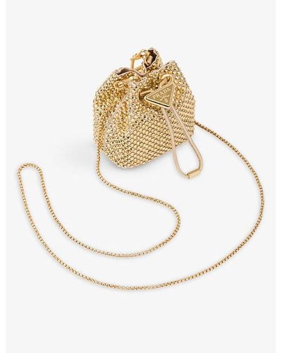 Prada Crystal-embellished Woven Bucket Bag - Metallic