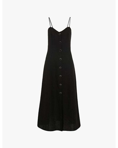 Whistles Ava Spaghetti-strap Buttoned Linen-blend Midi Dress - Black