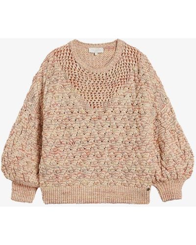 Ted Baker Lorensa Balloon-sleeve Cable-knit Cotton Jumper - Natural
