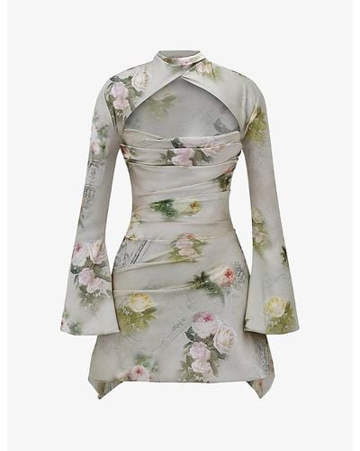 House Of Cb Toira Floral-print Draped-corset Woven Mini Dress - Gray