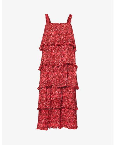 Ganni Flounce Floral-pattern Recycled-polyester Midi Dress - Red