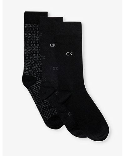 Calvin Klein Branded Crew-length Pack Of Three Cotton-blend Socks - Black
