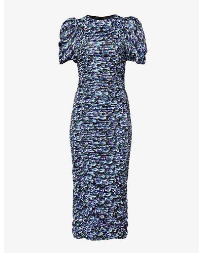 ROTATE BIRGER CHRISTENSEN Floral-print Puffed-sleeve Recycled Polyester-blend Midi Dress - Blue