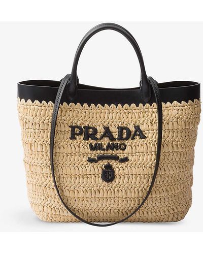 Prada Brand-embroidered Crocheted Woven And Leather Tote Bag - Natural