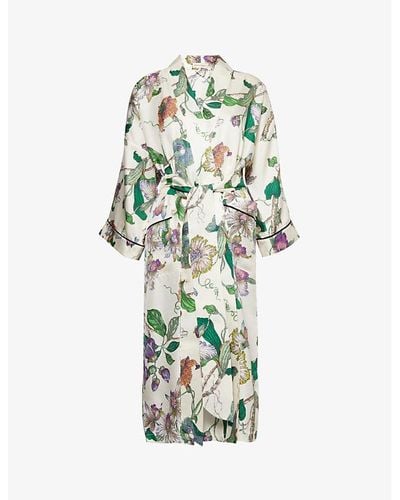 Olivia Von Halle Sabine Floral-pattern Relaxed-fit Silk Robe - Green
