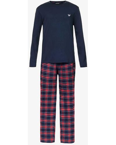 Emporio Armani Brand-embroidered Cotton Pyjama Set - Blue